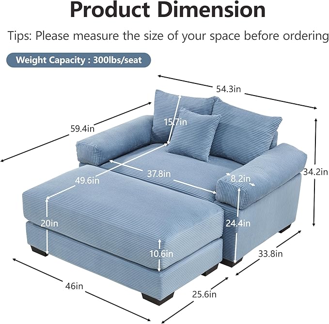 KEIKI 54" Oversized Corduroy Modular Sectional Single Sofa with 1 Ottoman, High-Density Foam Cushions, Extra-Thick Armrests, Modern 1-Seater Lounge Accent Chair with 3 Pillow, for Living Room, Blue