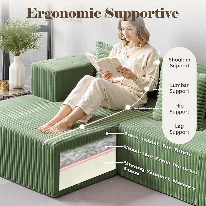 130'' U Shaped Couched for Living Room, Cloud Modular Sectional Couch with 2 Chaise Lounge, Modern Minimalist Upholstered Sofa Sleeper Deep Seat Corner Couch, No Assembly Required Green