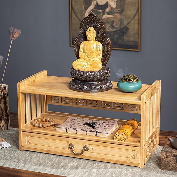 Low 3-Tier Meditation Table with Drawer,Bamboo Altar Tables,Puja Desks,Tatami Desk,20.4”W,Wood Color