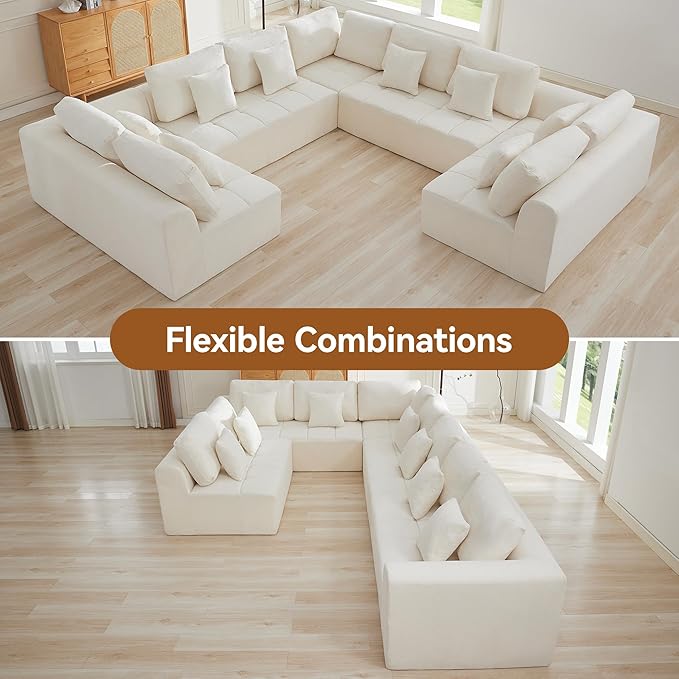 140''Modular Sectional Couches for Living Room, Cloud Boneless Compressed Sectional Sofa, Oversized U Shaped 9 Seater Upholstered Memory Foam Sofa, No Assembly, Chenille Beige