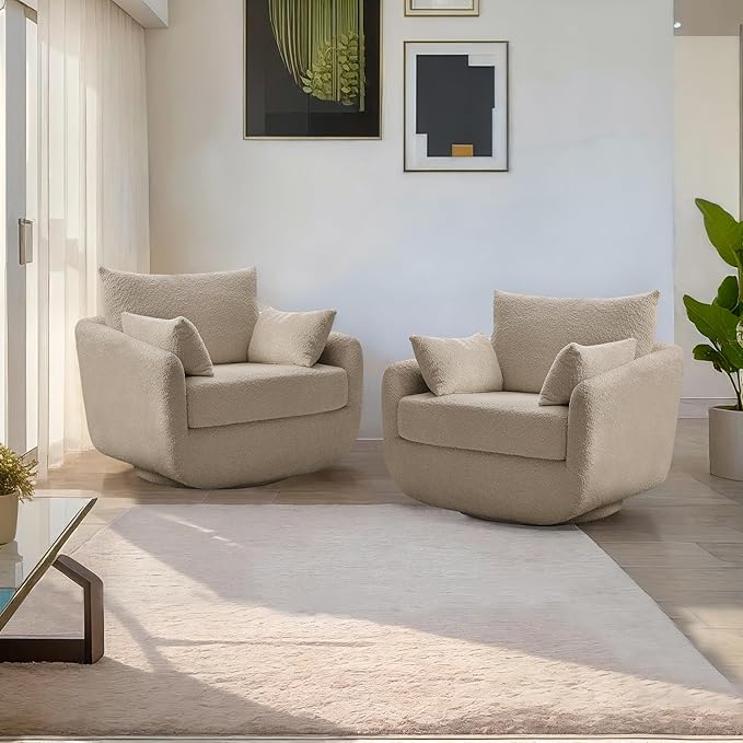 UNUQLIVCO 360° Swivel Accent Armchair Set of 2, 39.3" Oversized, Sherpa Boucle Fabric Sofa Chair with Removable Back & Arm Pillows, Swivel Chairs with Cozy Soft Padded, Camel