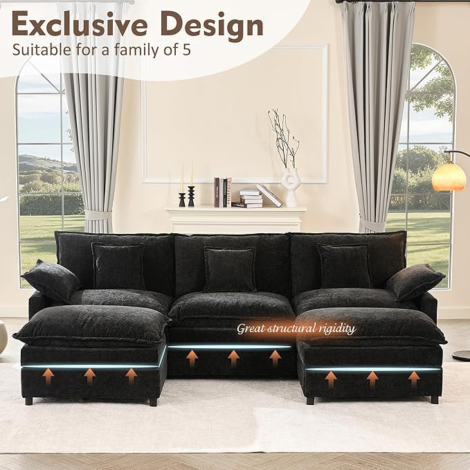 GOSUHI 108" U Shaped Couch, Modular Sectional Sofa, 3-Seater Comfy Cloud Couch with Movable Ottoman, Deep Seat Couches for Living Room, Chenille, Black