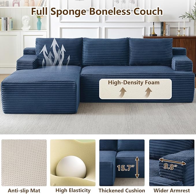 96.1" Modular Sectional Sofa Couches L-Shape Couch 3 Seat Modular Sofa Corduroy Memory Foam Sectional Boneless Couches for Living Room, Cloud Couch with Oversized Chaise(Blue, Left Facing)