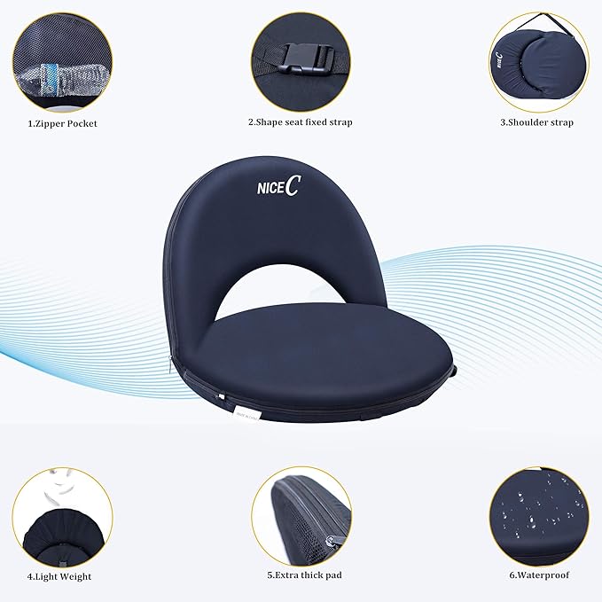 Nice C Stadium Seats, Floor Chairs, Bleacher Chairs, 10-Posisition Reclining Waterproof Cushion, Ultralight, Foldable, Extra Thick Padding, with Shoulder Strap & Net Pocket (Set of 2 Black)