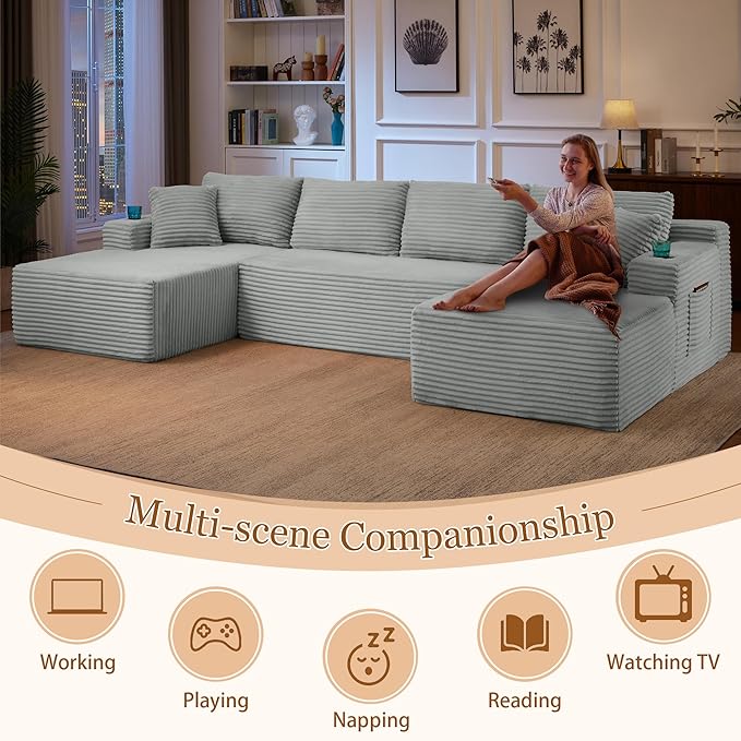 134 Inch Modular Sectional Sleeper Sofa, Boneless Cloud Couch for Living Room, U Shaped 5 Seat Sofa with 2 Storage Pockets& 2 Cup Holders, Free Combination, No Assembly Required (Light Grey)