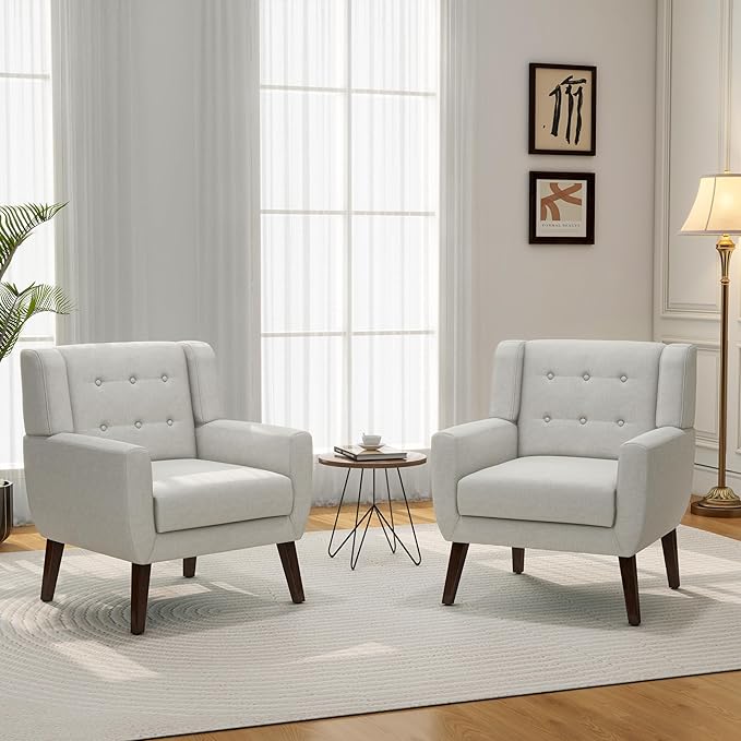 Accent Chair, Mid-Century Modern Fabric Chairs with Arms for Living Room, Comfy Upholstered Club Single Sofa Armchair for Bedroom Waiting Room with Solid Wood Frame (Fabric Beige, Set of 2)