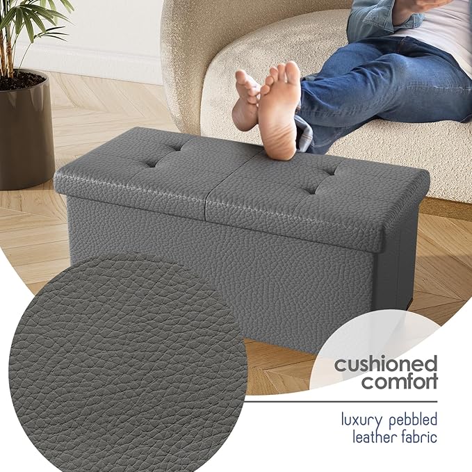 Storage Ottoman Bench with Bins, 30-in Storage Bench for Bedroom End of Bed, Folding Foot Rest Ottoman for Living Room Max 660lbs, Faux Leather Ottomans, Grey