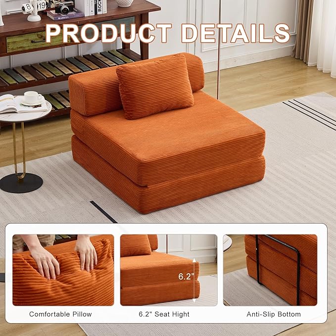 Folding Sofa Bed, Convertible Sleeper Chair with Pillow, Single Sofa with Back Support, Portable Fold Out Chair Cloud Couch Bed, Comfy Floor Sofa Lounge for Living Room Bedroom, Orange