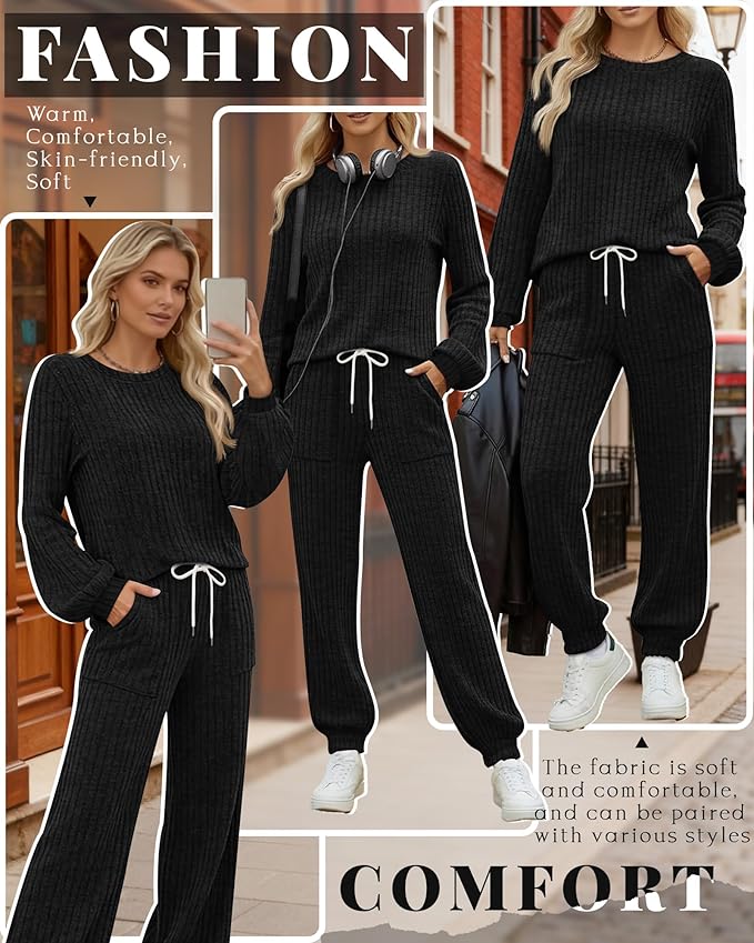 Sweetyweee Women's Ribbed Knit Lounge Sets 2 Piece Outfits Long Sleeve Pajamas Set Loungewear Sweatsuits Fall Pjs with Pocket