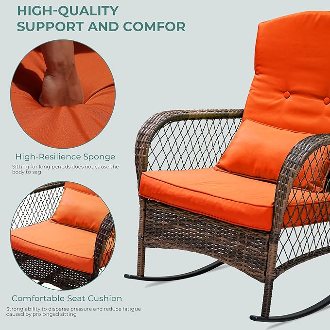 Sgentle 3 Piece Wicker Rocking Chairs, Outdoor Patio Rocking Chairs Set of 2 with Side Table, All-Weather Outdoor Rattan Rocking Chair with Cushions & Frame for Lawn Porch Garden (Red, Style 4)