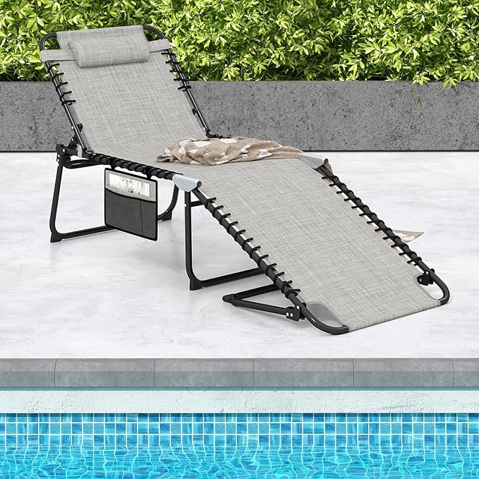 GYMAX Lounge Chair for Outside, 440lbs 27” Oversize Folding Beach Tanning Sunbath Chair with Adjustable Backrest & Removable Pillow, Lightweight Portable Patio Lounger for Lawn Poolside (2, Grey)