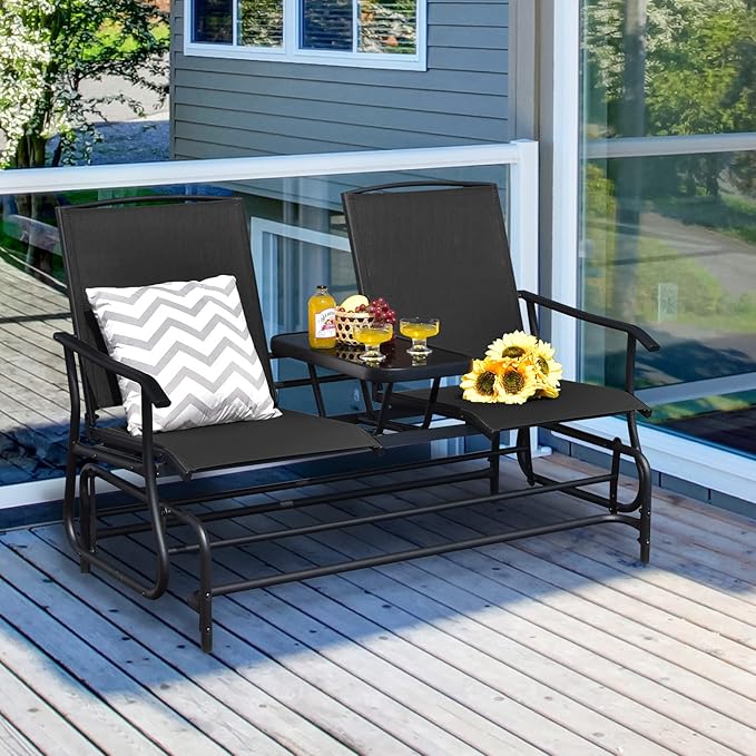 S AFSTAR 2-Person Outdoor Glider, Patio Glider Bench Chairs with Center Tempered Glass Table & Breathable Loveseat, Double Swing Glider Chair for Porch Garden Poolside Balcony Lawn (Black)