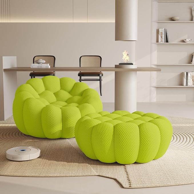 WJShome Modular Sectional Sofa,Bubble Couch Set,1 Seater+ Ottoman,Modern Upholstered Bean Bag Sofa Couch Mesh Fabric Lazy Floor Chair Living Roon Sets (Lemon Green)