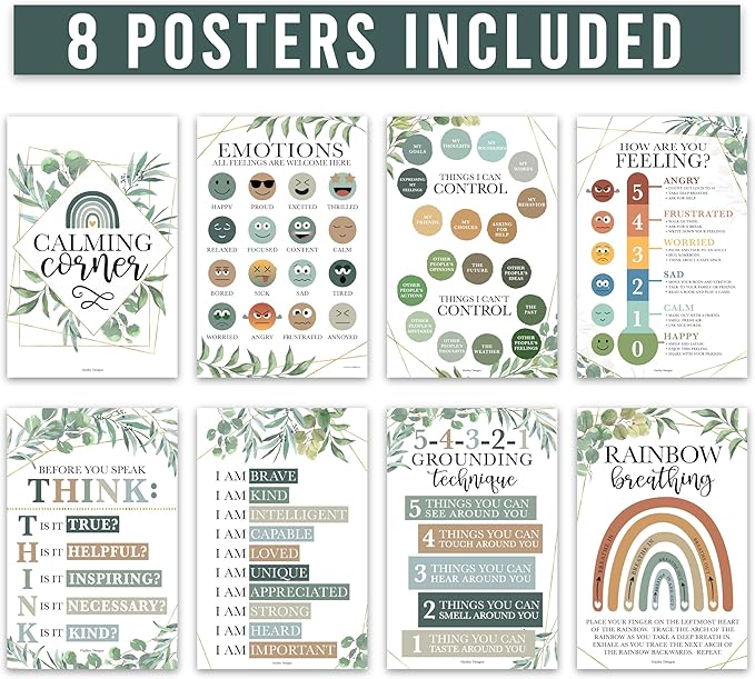 Hadley Designs 8 Calming Corner Posters for Classroom Must Haves for Teachers - 11x17 Calm Down Corner Supplies, Feelings Chart for Kids Ages 4-8, Toddler Emotions Chart, Greenery Classroom Decor
