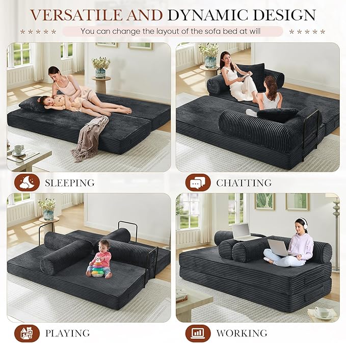Modular Couch Bed, Convertible Folding Plush Corduroy Comfy Floor Memory Foam Compression Loveseat Sleeper Sofa Couch, King Size Bed for Guest Room Living Room Bedroom, No Assembly Required, Dark Grey