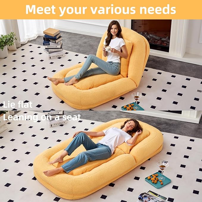 Cozy Yellow Folding Sofa Chair – 5 Adjustable Positions for Plush Lounge Comfort While Gaming, Meditating & Relaxing!
