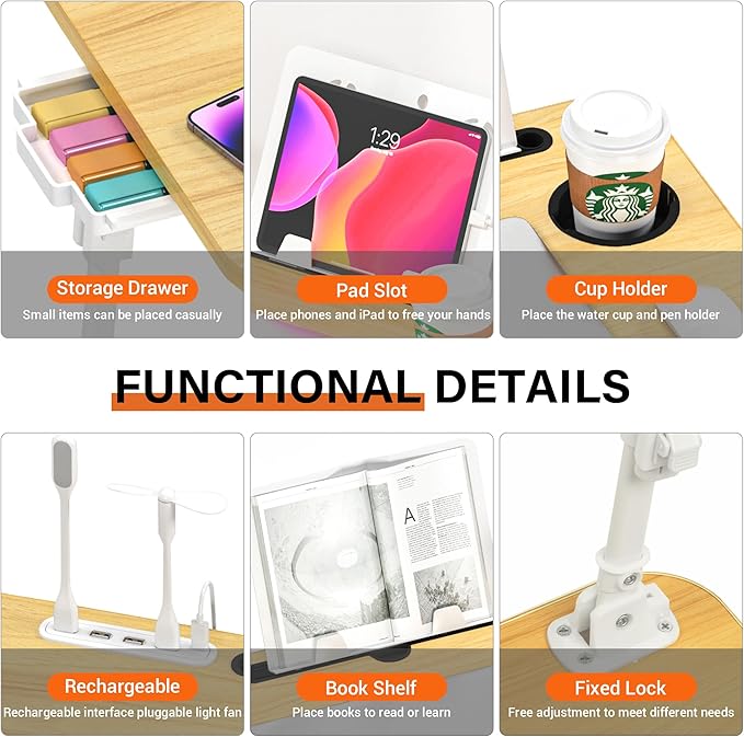DECOSIS Laptop Bed Desk Height Adjustable, Bed Laptop Table with USB/Storage Drawer/Cup Holder/Tablet Stand/Book Shelf, Foldable Breakfast Tray Portable for Reading Writing, Bed, Sofa & Floor, Wood