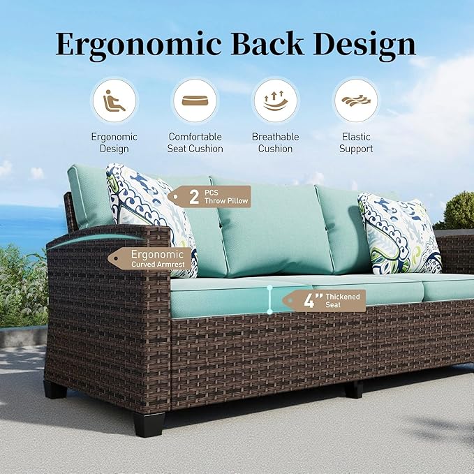 SUNSHINE VALLEY L-Shaped Outdoor Furniture Set, 5-Seat Couch With 2 Ottomans, Durable Rattan Sofa for Small Patios, Modular All-Weather Use, Blue