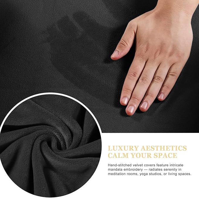 Meditation Zafu Cushion Set with Buckwheat Hulls & Memory Foam - Ergonomic Support for Yoga & Sitting - Removable Machine-Washable Luxury Velvet Cover - for Adults and Kids (Black（COVER ONLY))