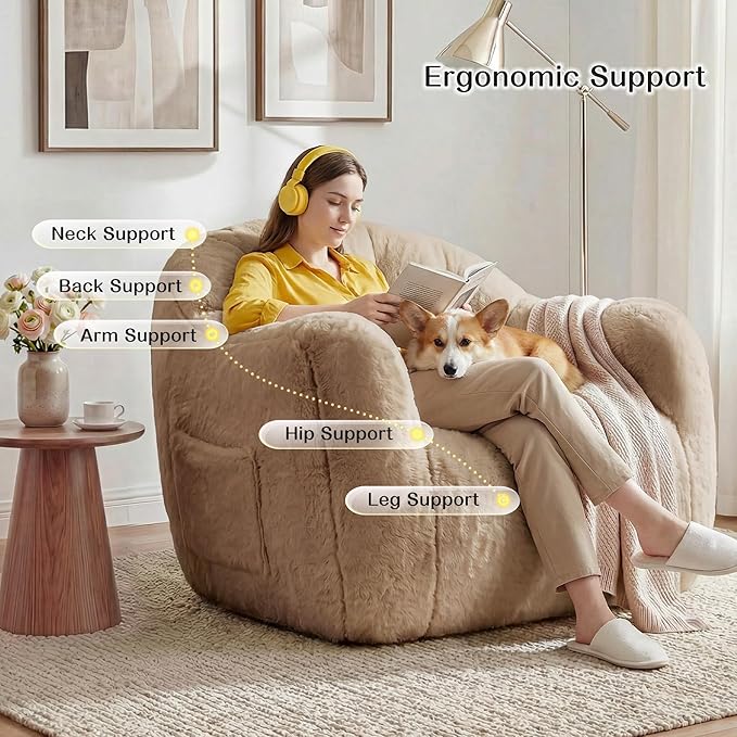 Homkdom Bean Bag Chair, Giant Bean Bag Chair for Adults, Shell-Shaped Bean Bag Couch with Armrests & Side Pockets, Comfy Beanbag Lazy Couch Reading Chair for Bedroom, Living Room, Khaki
