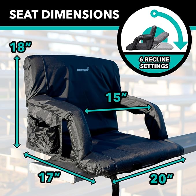 Driftsun 2 Pack Standard Size Stadium Seats with Back Support - Deluxe Foldable Stadium Chairs for Bleachers - Folding Waterproof Sport Chair - Easy to Transport