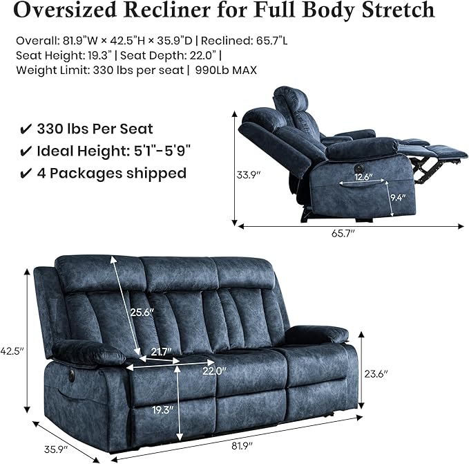 Power Reclining Sofa with Massage & Heat, USB & Type-C Ports, Drop-Down Tray Table, Cup Holders, Storage Pockets, Power Reclining Couch/Reclining Sofa 3 Seat, for Living Room, RV，Media Room 82" Blue