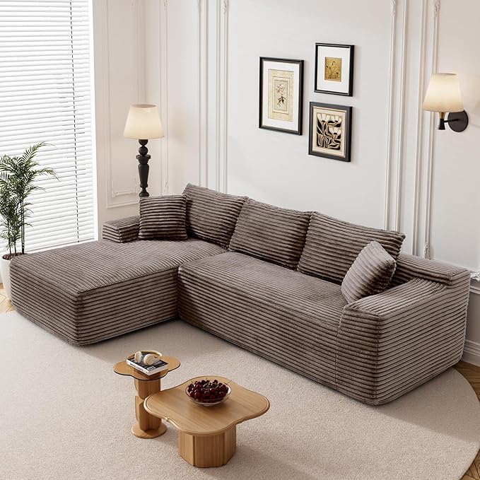 95" Boneless Cloud Sectional Couches for Living Room, Comfy Fluffy L Shaped Memory Foam Deep Seat Boneless Couch, Modular Sectional Sofa with Left Facing Chaise, Brown