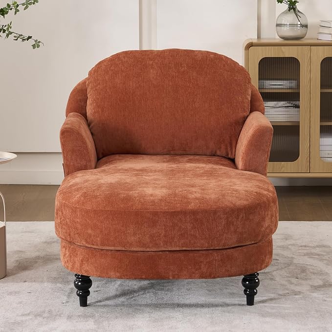 Chaise Lounge Chair Indoor, 59.8"Oversized Couch Reading Chairs, Chenille Comfortable Deep Sleeping Single Sofa, Upholstered Modern Couch Sofa Bed for Living Room, Bedroom & Apartment (Orange)
