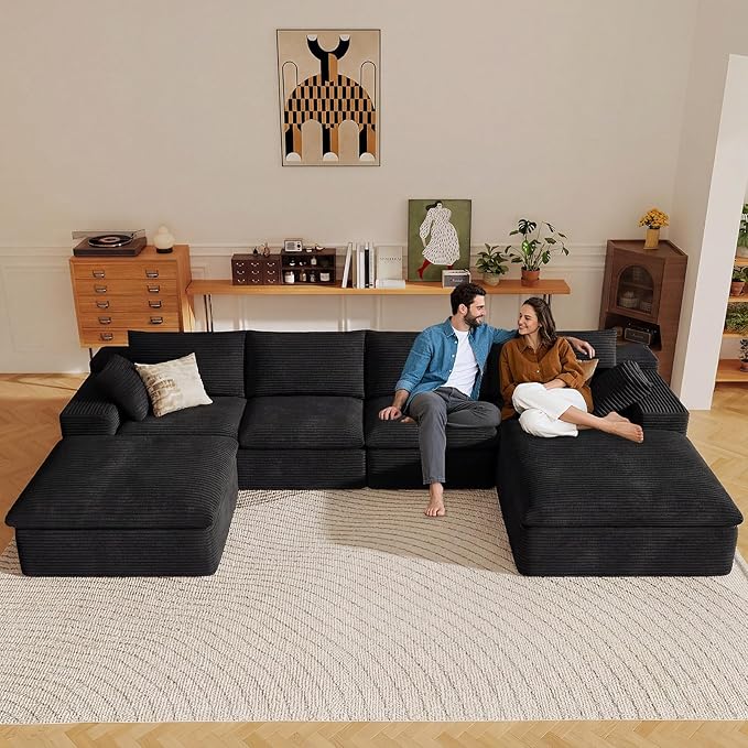 136" Cloud Sectional Couch with U-Shaped Chaise,Corduroy Viral Boneless Sofa with Ottoman,Memory Foam Couches in a Box with Deep Seat for Living Room,No Assembly Required (Black,Right-Facing Chaise)