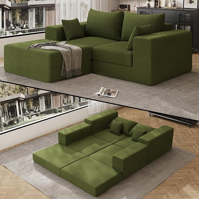 DAMAIFROM 80" Convertible Sleeper Sofa Bed with Soft Pillow, Corduroy Folding Mattress Couch with L-Shape Chaise, Modular Floor Sofa Lounge Couch for Living Room Bedroom Lounge (Olive Green)