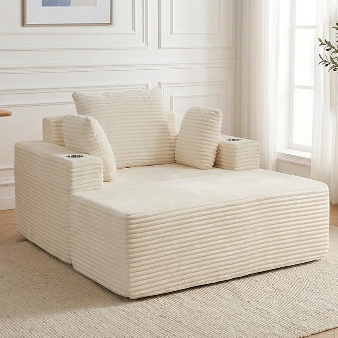 54"W Oversized Chaise Lounge Chair Indoor, Boneless Chaise Lounge Couch, Convertible Comfy Reading Chairs, Compression Sofa with Ottoman, Corduroy Sleeper Couch Chair for Living Room, Beige