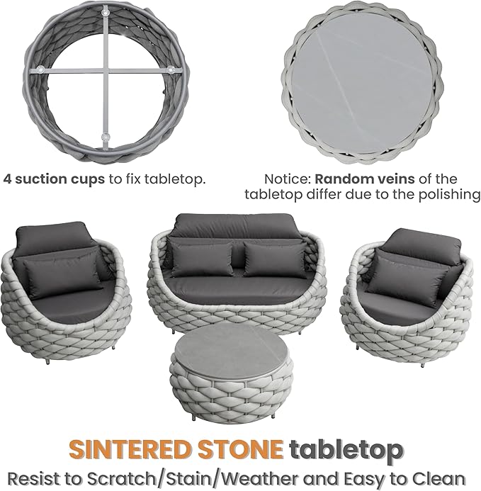 Erotr Aluminum Patio Furniture Set: 4 Pieces Woven Rope Outdoor Conversation Sofa Set Assembled - Modern Cushioned Armchair Couch Set for 660lbs Porch Deck Backyard Poolside Garden Drawing Room Hotel