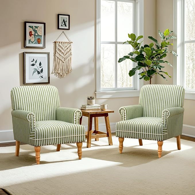 HUIMO Linen Fabric Accent Chair, Mid-Century Modern Armchair with Solid Wood Legs, Single Sofa Chair,Upholstered Reading Club Chair (2, Green and White Stripe)