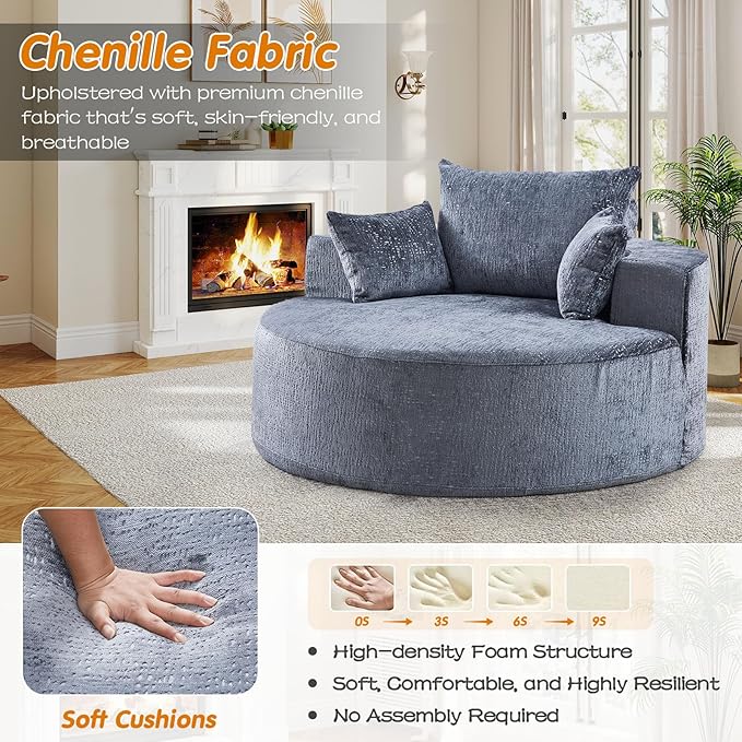 55"W Oversized Round Chair Lounge Chaise Indoor, Upholstered Comfy Circle Sofa Armchair, Modern Cozy Boneless Foam Floor Reading Chair for Living Room, Bedroom, No Assembly Required(Chenille, Grey)