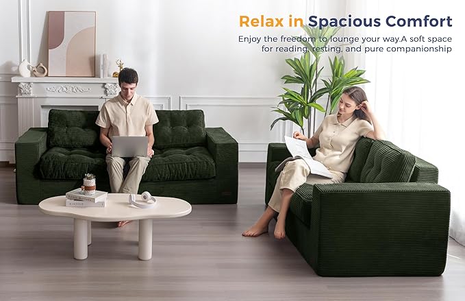 MAXYOYO 3 Seater Couch for Living Room, Boneless Couch with Tufted Cushion & Backrest, Upholstered Floor Sofa with Armrests, Sofa in A Box, No Assembly Required, Dark Green