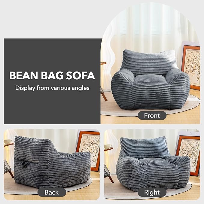 Giant Bean Bag Chair for Adults, Corduroy Upholstered Beanbag Chair with Side Pocket, Comfy Bean Bag Sofa with Portable Handle, Floor Sofa Chair for Bedroom (Grey)