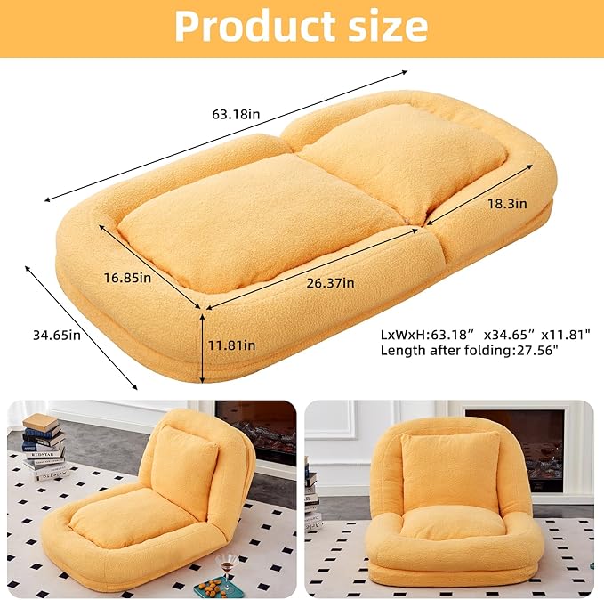 Cozy Yellow Folding Sofa Chair – 5 Adjustable Positions for Plush Lounge Comfort While Gaming, Meditating & Relaxing!