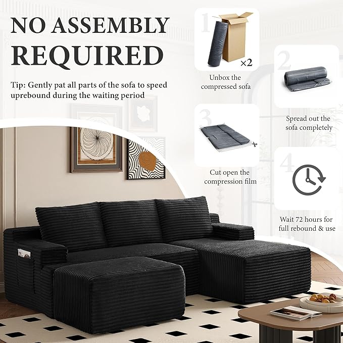 96" Sectional Couches for Living Room Cloud Couch Sofa with L-Shape Upholstered Boneless Couchs Modern Modular Sectional Couch with Chaise (Black, 96" W+Right Facing Chaise+2Seaters+Ottoman)