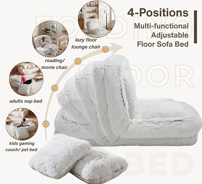 Foam Filled Bean Bag Chair for Adults with 2 Pillows, Upgraded Adjustable Human Dog Bed for Adults Comfy Lazy Floor Sofa Folding Chair with Washable Cover for Living Room Bedroom, White Furry
