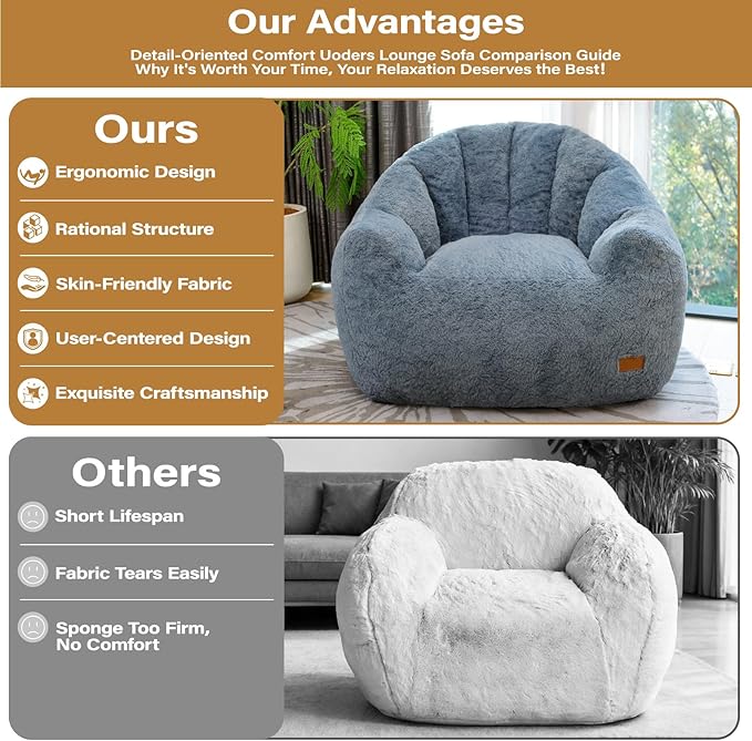 Big Bean Bag Chairs for Adults Giant Sofa with Faux Fur Shell-Shaped Beanbag Couch, Stuffed Large Bean Bag Floor Chair for Living Room, Beanbags Reading Chair for Bedroom Single Sofa(L-Blue)
