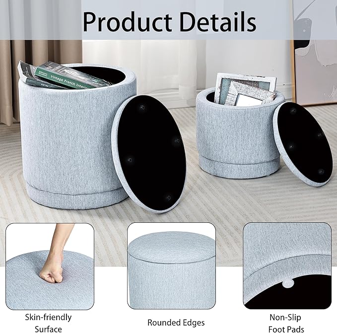 Homebeez Set of 2 Round Ottomans with Storage, Linen Cotton Stool for Living Room Bedroom, Multifunctional Footrest, Coffee Table, Vanity Seat, 300 lbs Capacity, Light Blue