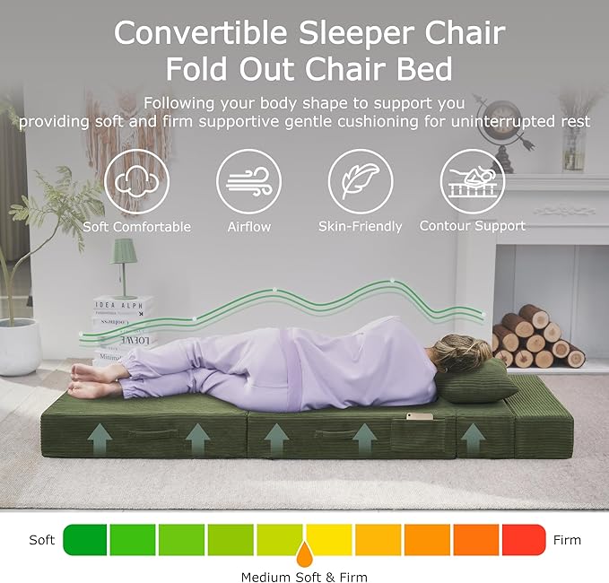 HILERO Folding Sofa Bed, 4 in 1 Convertible Sleeper Chair with Pillow, Single Memory Foam Fold Out Chair Bed, Modern Floor Futon Sofa Couch Mattress for Living Room/Guest/Apartment, Green