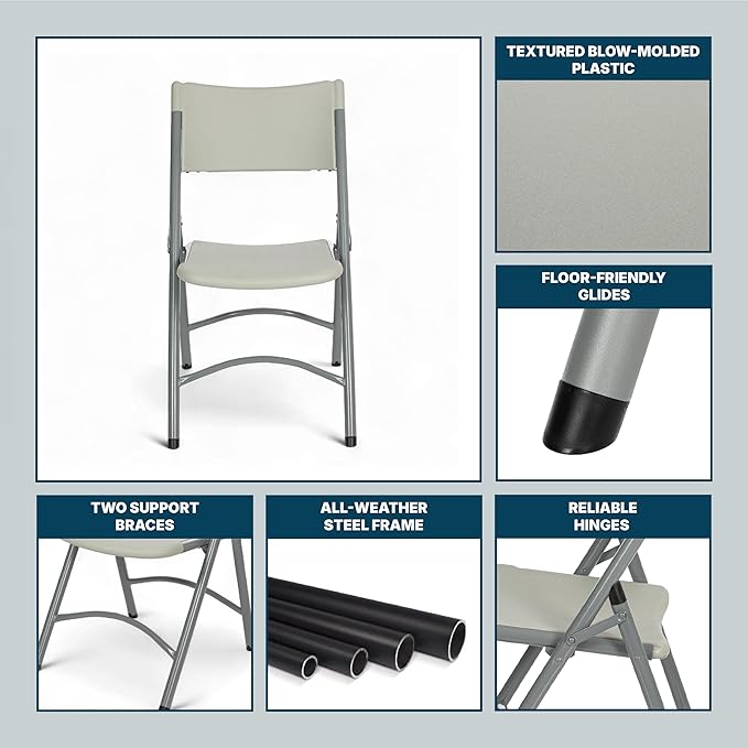 OEF Furnishings OEF600 Series High Back Folding Chairs, Blow-Molded Polyethylene Commercial-Grade Seating for Indoor and Outdoor Use, 500 lb Weight Capacity, 4-Pack (Light Gray)