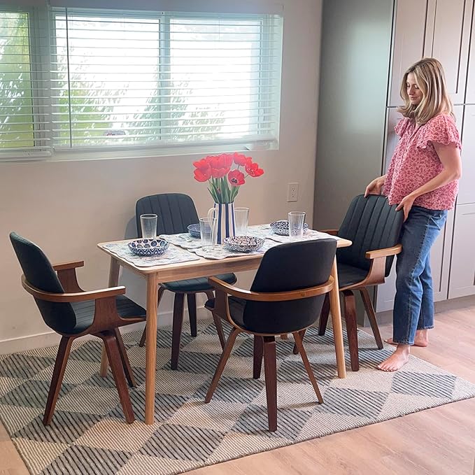 Swivel Dining Chairs Set of 6, Mid Century Modern Dining Chairs with Walnut Craftsmanship, Upholstered Faux Leather , Wooden Arms and Legs, Kitchen Chairs with Arms for Kitchen/Living Room - Beige