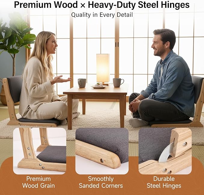 Tiita Foldable Tatami Chair, Japanese loor Chair, Wood Legless Back Rest Chairs with Cushion, Accent Meditation Floor Chairs Bay Window, Wood Dark Grey