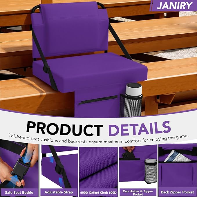 Stadium Seat for Bleachers with Back Support,Portable Bleacher Chairs with Back and Cushion，Purple