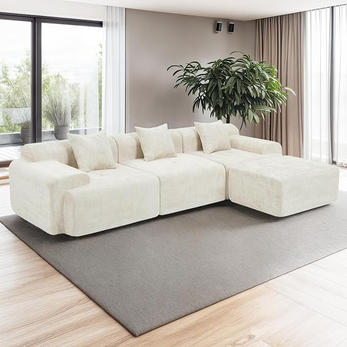 119’’ Modular Sectional Sofa Couch with Chaise, Deep Seat Cloud Couch for Living Room, Modern Chenille Upholstered Sectional with Throw Pillows, Compression Modular Sofa for Apartment Bedroom, Beige