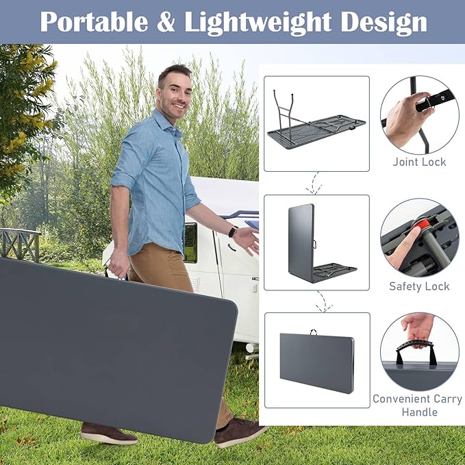 Tangkula 8 FT Folding Table, Indoor Outdoor Foldable Plastic Table with HDPE Tabletop, Sturdy Metal Fame, Carrying Handle, Heavy Duty Portable Fold-in-Half Picnic Table for Camping BBQ Party