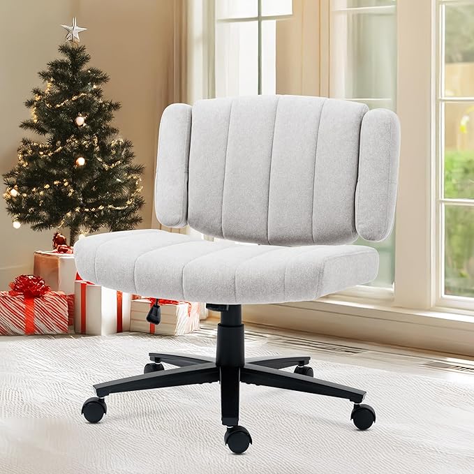 Vigosit Grey Criss Cross Office Chair with Wheels, Ergonomic Wide Seat Vanity & Dressing Table Chair, Adjustable Arms Swivel Rolling Desk Chair for Women, Comfortable Cross-Legged Support