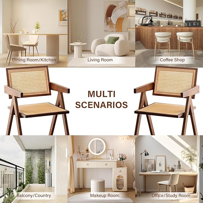 Furlide Rattan Accent Chairs, Modern Mid Century Dining Chairs Set of 4, Comfy Armchairs, Outdoor Rattan Chairs with Armrest for Bedroom Living Room Reading Room Dining Kitchen, Brown